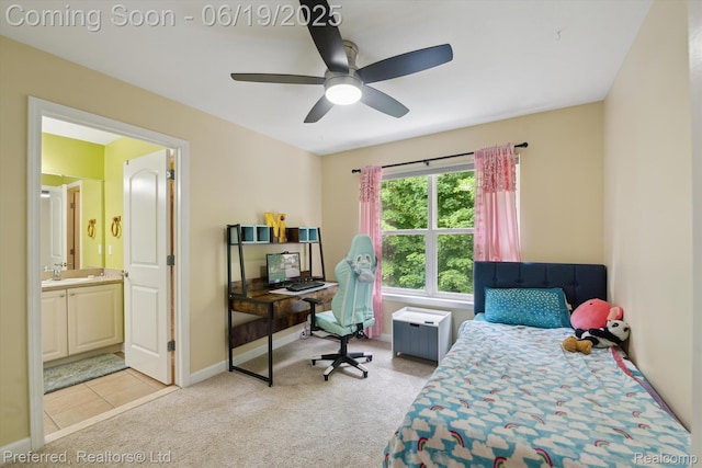 51159 Luke Ln, Novi, MI 48374 - bedroom featuring light carpet, ensuite bath, and ceiling fan
