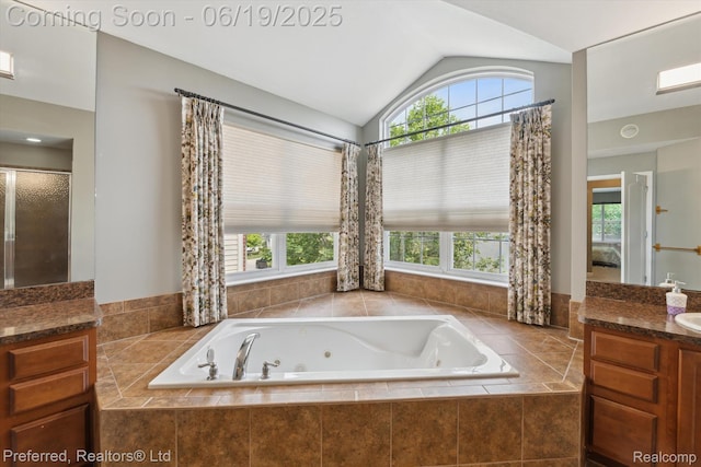 51159 Luke Ln, Novi, MI 48374 - bathroom featuring vanity, a whirlpool tub, vaulted ceiling, and a shower with shower door