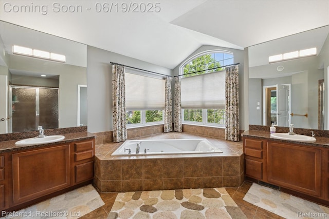 51159 Luke Ln, Novi, MI 48374 - bathroom with healthy amount of natural light, lofted ceiling, two vanities, a jetted tub, and a stall shower