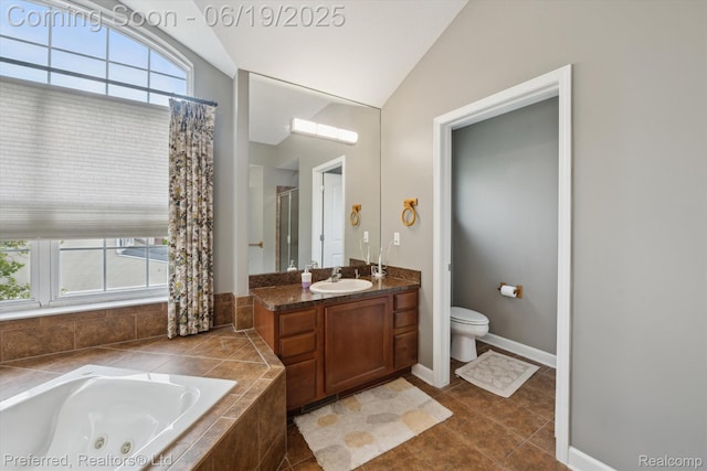 51159 Luke Ln, Novi, MI 48374 - bathroom featuring a whirlpool tub, a shower stall, vanity, and vaulted ceiling