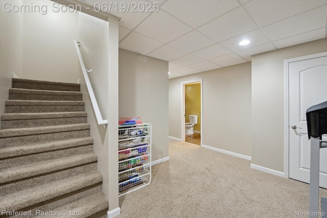 51159 Luke Ln, Novi, MI 48374 - stairs featuring carpet flooring, a paneled ceiling, and recessed lighting