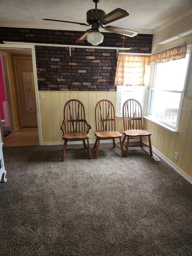 222 Scribner St, Delton, MI 49046 - living area featuring a ceiling fan, a textured ceiling, a wainscoted wall, crown molding, and carpet flooring