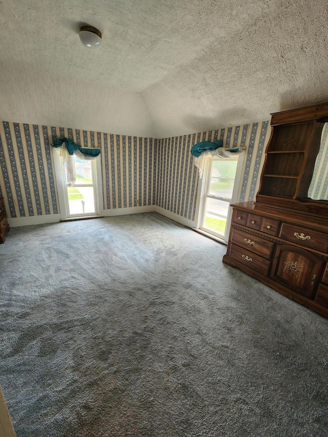 222 Scribner St, Delton, MI 49046 - unfurnished living room with wallpapered walls, a textured ceiling, and carpet flooring