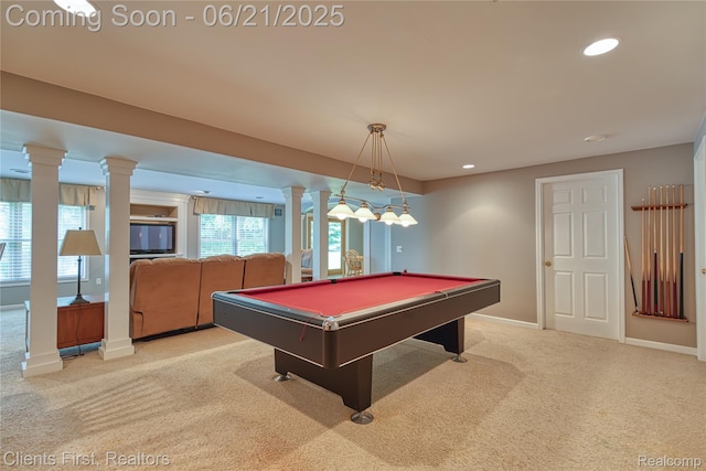 1070 Pointe Place Ct, Rochester, MI 48307 - game room featuring ornate columns, light carpet, billiards table, and recessed lighting