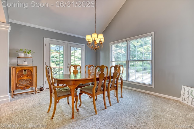 1070 Pointe Place Ct, Rochester, MI 48307 - dining room featuring a chandelier, carpet flooring, ornamental molding, high vaulted ceiling, and french doors