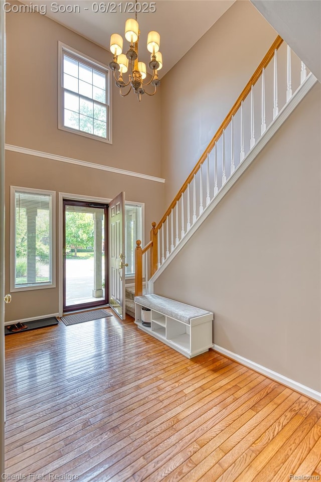 1070 Pointe Place Ct, Rochester, MI 48307 - entryway with a towering ceiling, a chandelier, healthy amount of natural light, and wood-type flooring