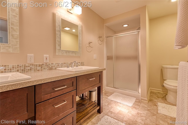 1070 Pointe Place Ct, Rochester, MI 48307 - full bath with double vanity, a stall shower, backsplash, and recessed lighting