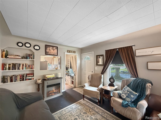 20115 Pelkey St, Detroit, MI 48205 - living room featuring a glass covered fireplace and wood finished floors