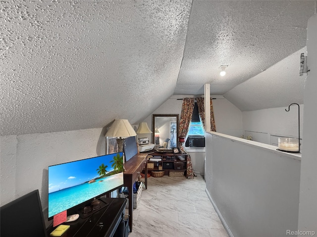 20115 Pelkey St, Detroit, MI 48205 - office area featuring a textured ceiling, lofted ceiling, marble finish flooring, and cooling unit