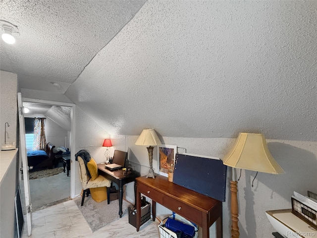 20115 Pelkey St, Detroit, MI 48205 - home office featuring a textured ceiling, vaulted ceiling, and light marble finish flooring