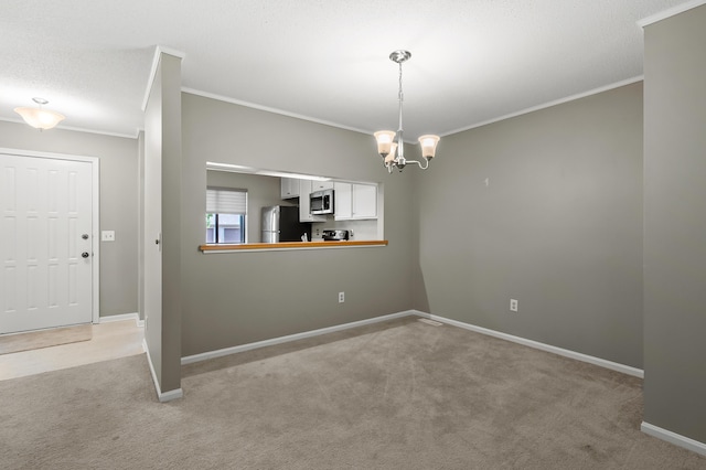 3745 Cedaridge Rd, Kalamazoo, MI 49008 - unfurnished dining area with light colored carpet, a chandelier, and ornamental molding