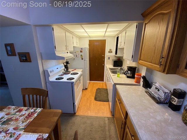 3901 Fort St Unit 204, Trenton, MI 48183 - kitchen with white appliances, under cabinet range hood, light countertops, light wood-style floors, and a drop ceiling