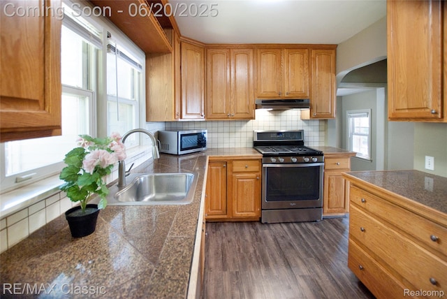 1861 Ladd Rd, Wolverine Lake, MI 48390 - kitchen with stainless steel appliances, tile countertops, under cabinet range hood, and backsplash