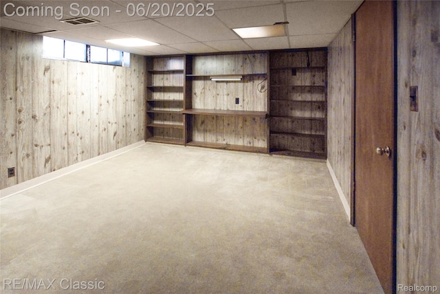 1861 Ladd Rd, Wolverine Lake, MI 48390 - basement featuring wood walls, a paneled ceiling, and carpet floors