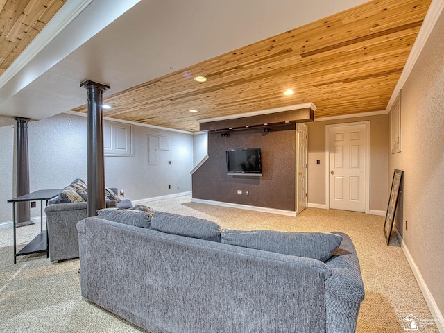 831 Saint James Park Ave, Monroe, MI 48161 - living area featuring wooden ceiling, carpet floors, ornamental molding, a textured wall, and recessed lighting