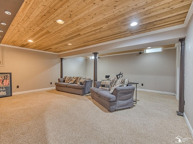 831 Saint James Park Ave, Monroe, MI 48161 - carpeted living room with ornamental molding, recessed lighting, and wooden ceiling