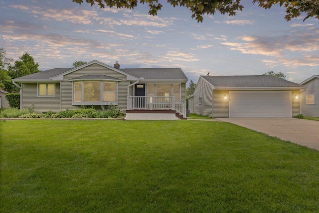 1228 Orchid St, Waterford, MI 48328 - view of front of house featuring a chimney, a lawn, a porch, and concrete driveway