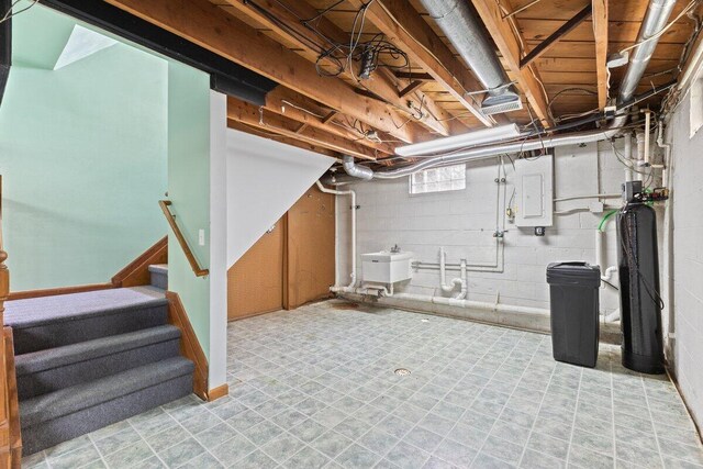 1228 Orchid St, Waterford, MI 48328 - below grade area with electric panel, a water softener system, stairway, and light flooring