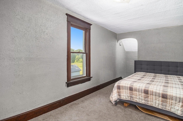 3833 S Baldwin Ave, Fremont, MI 49412 - carpeted bedroom featuring arched walkways, a textured wall, and a textured ceiling