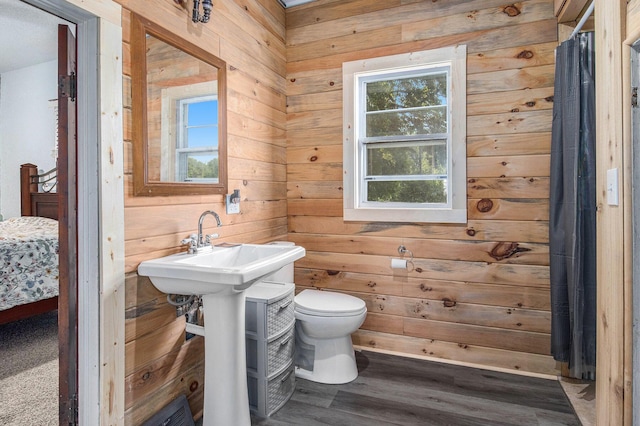 3833 S Baldwin Ave, Fremont, MI 49412 - ensuite bathroom featuring plenty of natural light, wooden walls, and wood finished floors