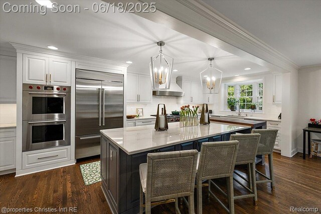 586 Fairfax St, Birmingham, MI 48009 - kitchen with appliances with stainless steel finishes, a chandelier, tasteful backsplash, ornamental molding, and white cabinetry