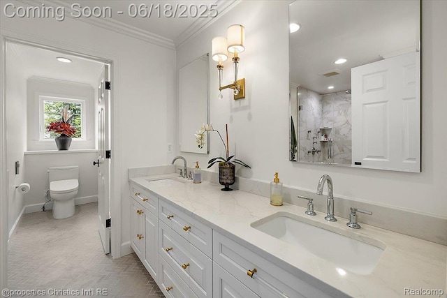 586 Fairfax St, Birmingham, MI 48009 - full bath featuring double vanity, recessed lighting, crown molding, and a shower