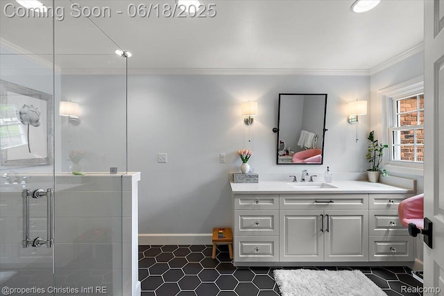 586 Fairfax St, Birmingham, MI 48009 - bathroom featuring ornamental molding, vanity, tile patterned floors, and a stall shower