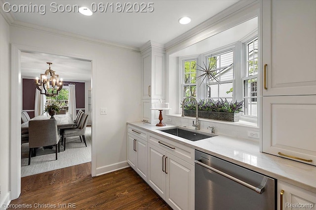 586 Fairfax St, Birmingham, MI 48009 - kitchen with stainless steel dishwasher, ornamental molding, dark wood-style flooring, a chandelier, and white cabinetry