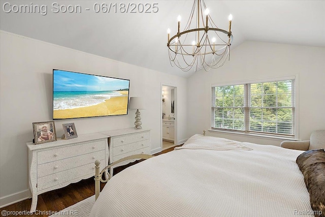 586 Fairfax St, Birmingham, MI 48009 - bedroom with a chandelier, wood finished floors, vaulted ceiling, and ensuite bathroom