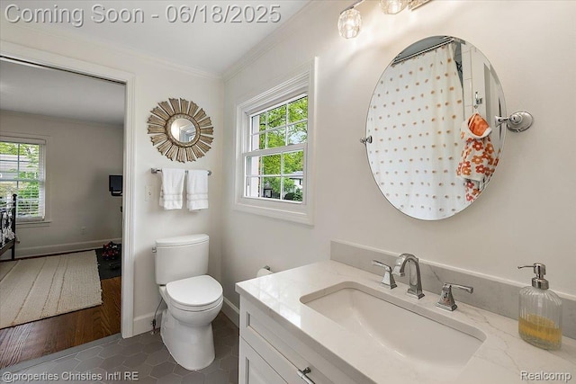 586 Fairfax St, Birmingham, MI 48009 - bathroom featuring crown molding, vanity, tile patterned floors, and curtained shower
