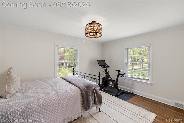 586 Fairfax St, Birmingham, MI 48009 - bedroom with multiple windows, ornamental molding, wood finished floors, and a chandelier