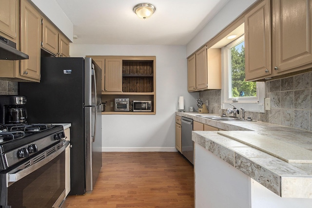 1602 Mccann Rd, Hastings, MI 49058 - kitchen with appliances with stainless steel finishes, light wood-type flooring, decorative backsplash, and under cabinet range hood
