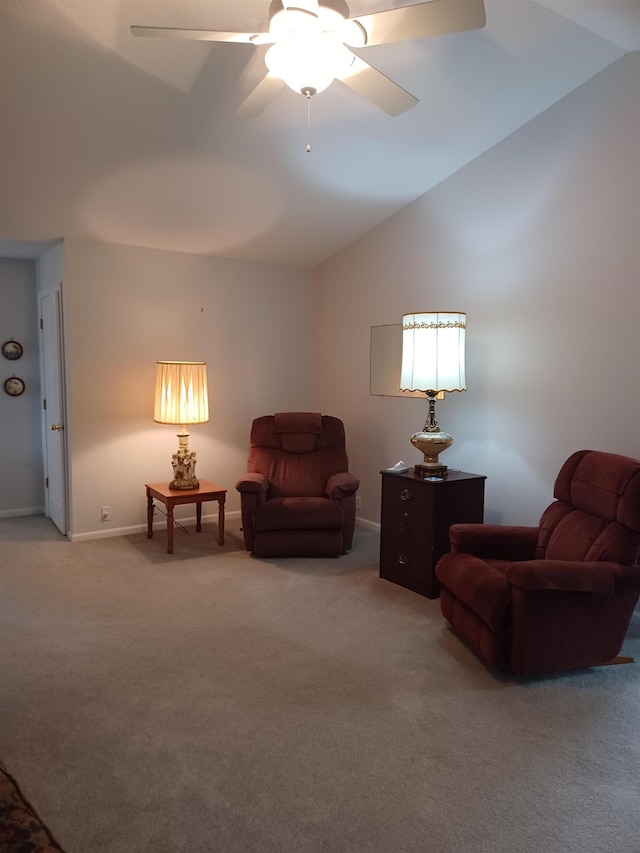3144 Amsterdam Dr, Clio, MI 48420 - living area featuring light colored carpet, lofted ceiling, and a ceiling fan