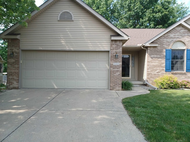 3144 Amsterdam Dr, Clio, MI 48420 - ranch-style house featuring brick siding, concrete driveway, a garage, and a shingled roof