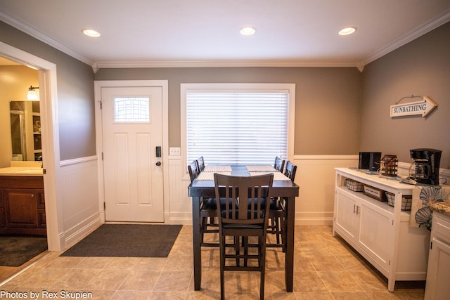 4767 S River St, Newaygo, MI 49337 - dining room featuring wainscoting, crown molding, recessed lighting, and light tile patterned floors