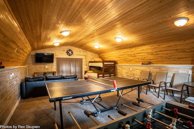 4767 S River St, Newaygo, MI 49337 - playroom featuring wood ceiling, carpet floors, wood walls, lofted ceiling, and brick wall