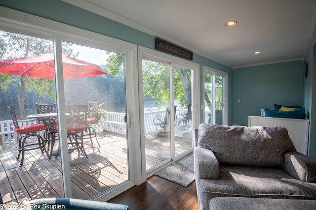 4767 S River St, Newaygo, MI 49337 - sunroom featuring healthy amount of natural light, crown molding, wood finished floors, recessed lighting, and a deck