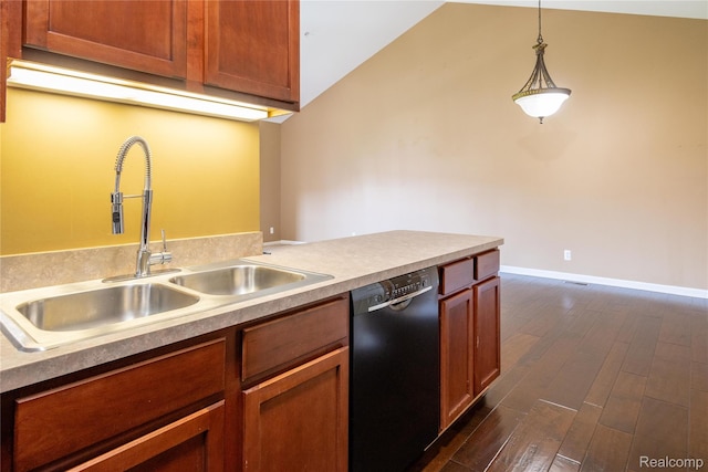 25556 Portico Ln, Novi, MI 48375 - kitchen with dishwasher, dark wood-style flooring, lofted ceiling, pendant lighting, and light countertops
