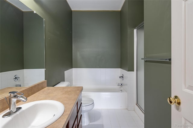 25556 Portico Ln, Novi, MI 48375 - full bathroom featuring a bath, vanity, tile patterned flooring, and a stall shower