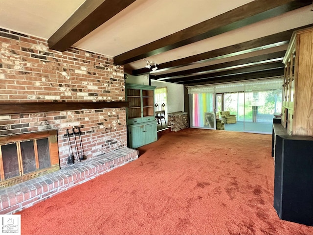 7379 N Irish Rd, Otisville, MI 48463 - living room with beamed ceiling, healthy amount of natural light, carpet floors, and a fireplace
