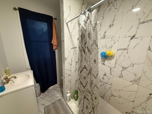 9208 Ward St, Detroit, MI 48228 - full bath with marble look tiles, a stall shower, and vanity
