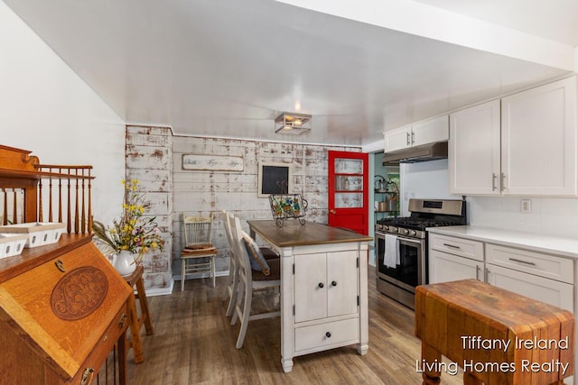 11737 W Carson City Rd, Greenville, MI 48838 - kitchen with stainless steel range with gas cooktop, wood finished floors, under cabinet range hood, and white cabinetry