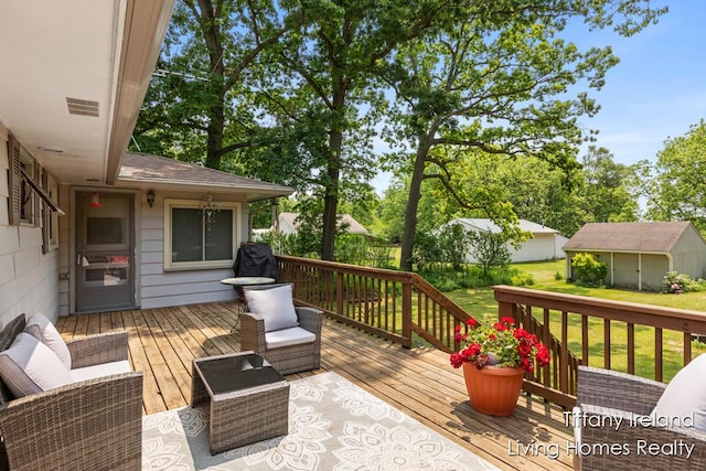 11737 W Carson City Rd, Greenville, MI 48838 - deck with a lawn and a storage shed