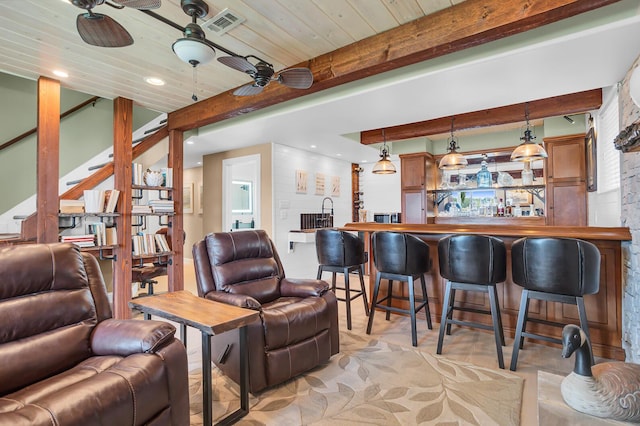 11786 E Sauk Trl, Jerome, MI 49249 - living area with a wooden ceiling with exposed beams, a ceiling fan, recessed lighting, and stairway