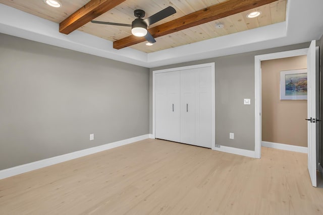 11786 E Sauk Trl, Jerome, MI 49249 - unfurnished bedroom featuring a wooden ceiling with exposed beams, light wood-style floors, a closet, recessed lighting, and a ceiling fan