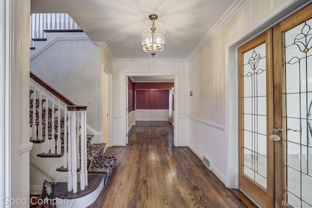 20 Oxford Blvd, Pleasant Ridge, MI 48069 - foyer featuring a chandelier, wood finished floors, stairs, french doors, and ornamental molding
