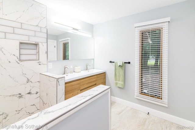 23415 Beech Rd, Southfield, MI 48033 - full bathroom featuring double vanity and marble finish floors