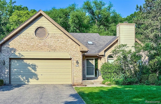 6760 Oyster Cv, West Bloomfield, MI 48323 - view of front of property with asphalt driveway, brick siding, an attached garage, a chimney, and roof with shingles