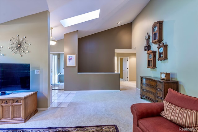 6760 Oyster Cv, West Bloomfield, MI 48323 - living area with a skylight, carpet floors, and high vaulted ceiling