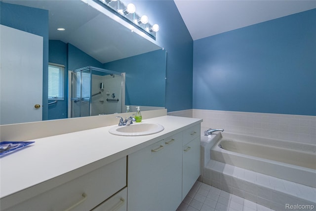 6760 Oyster Cv, West Bloomfield, MI 48323 - full bath with vaulted ceiling, vanity, a bath, a shower stall, and tile patterned floors